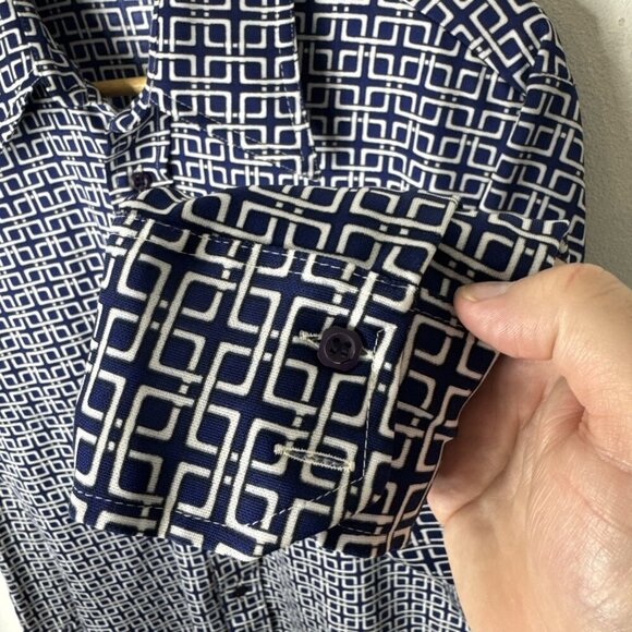 Vintage 70s Disco Shirt Geometric Print Men’s L Polyester Jersey Knit Blue - Picture 2 of 7